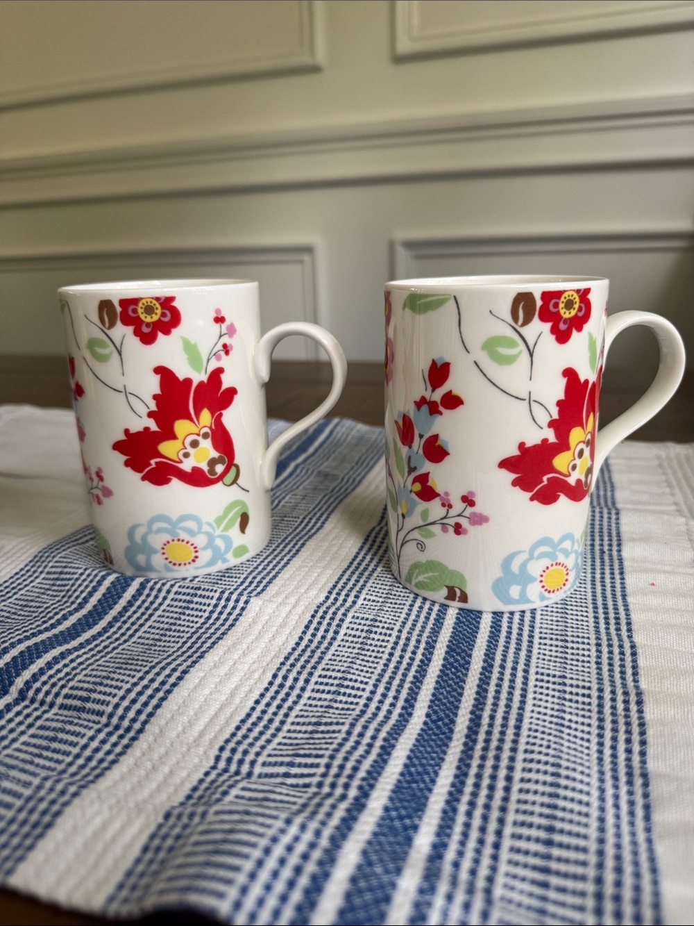 Cath Kidston White Mug with Red Floral and Blue Accents